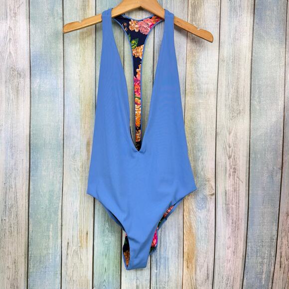 Maaji Reversible Cheeky Swimsuit One Piece Plunge NEW Blue Floral Size Large NWT - Picture 5 of 8